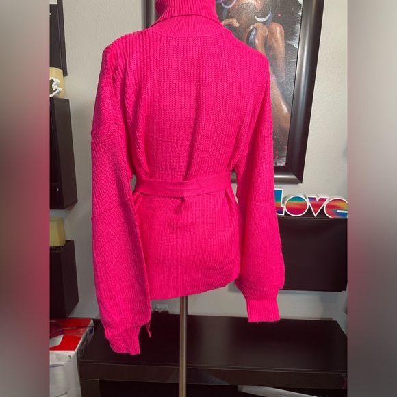 Women's rose pink Turtleneck Sweaters Long Sleeve Belted Knitted Pullover medium - Picture 5 of 7
